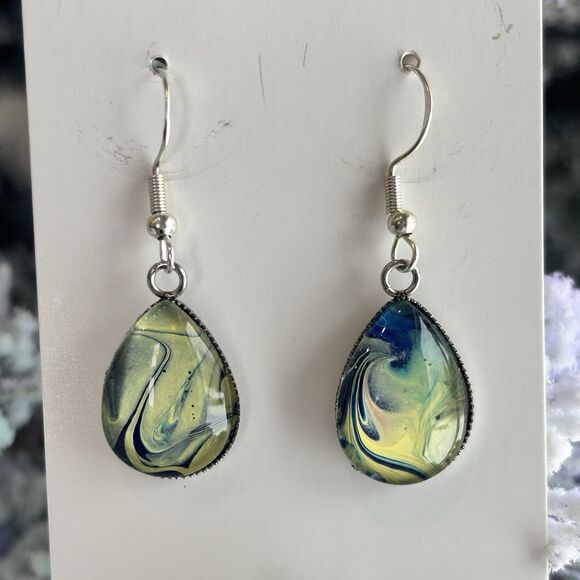 Handmade Blue Acrylic Pour Marble Teardrop Dangle Earrings Hypoallergenic Gift - Picture 2 of 4